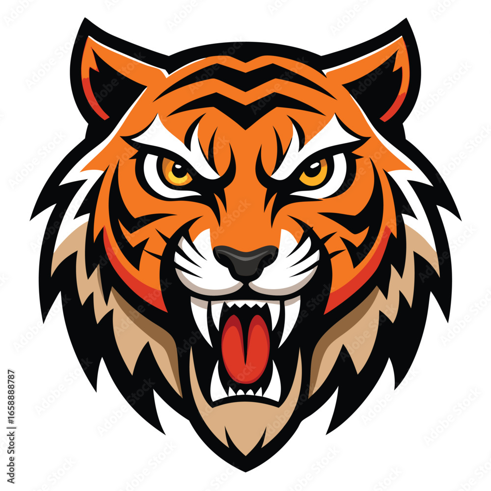 Fototapeta premium Fierce tiger head mascot logo design featuring sharp teeth and aggressive growl