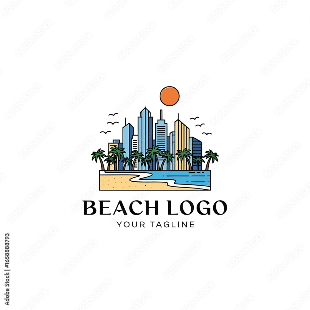 Fototapeta premium Modern city skyline emerges from a tropical beach with palm trees and a vibrant sun.