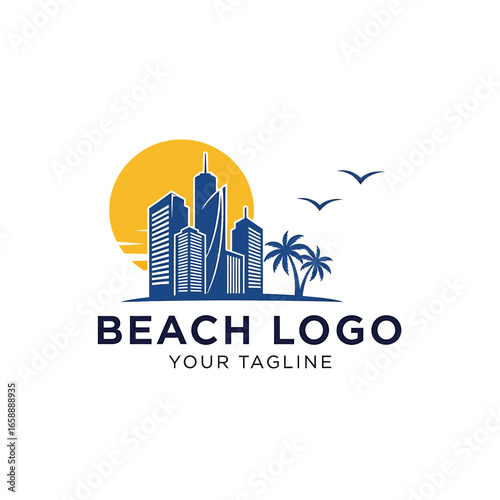 A logo design of a coastal city skyline with skyscrapers, palm trees, and birds flying by a yellow sun.