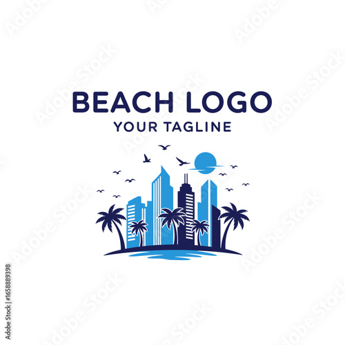 Beach city logo design featuring skyscrapers, palm trees, and birds, with a tranquil, summery vibe.