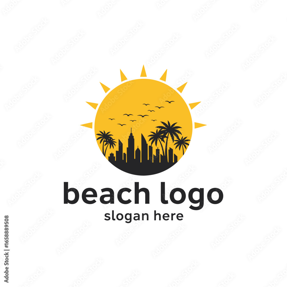 Fototapeta premium A graphic logo of a tropical city beach, showing a skyline and palm trees silhouetted against a large yellow sun with birds flying.