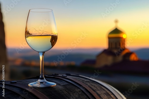  Wine glass on barrel at sunset with Georgian church backdrop for vineyard tasting experience.