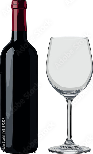 A solitary wine bottle with a deep red neck stands proudly next to an elegant wine glass. The bottle's dark silhouette contrasts sharply with the