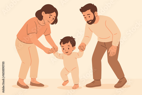 Two parents are teaching their child to walk, guiding them with gentle support. The scene focuses on this tender moment, with a balanced composition