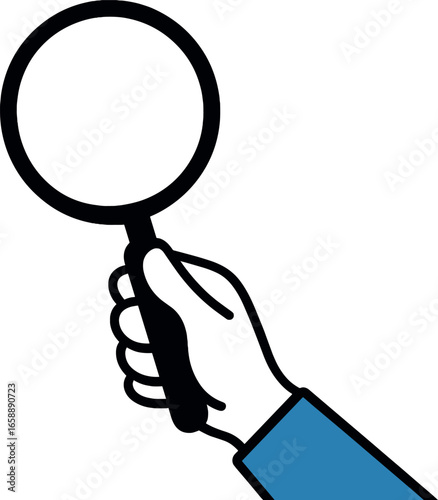 A magnifying glass is held aloft by a hand, symbolizing the act of searching or analyzing. It is positioned prominently in the foreground, with a