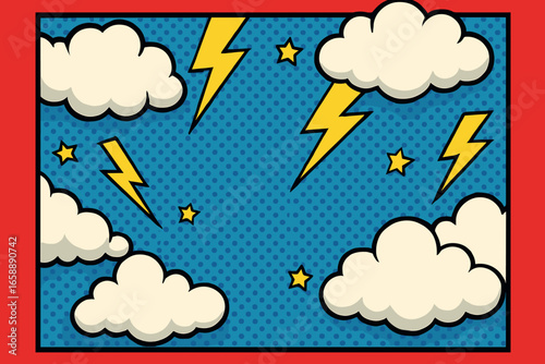 The scene bursts with energy as vivid red and yellow borders frame a dynamic composition. Fluffy clouds float against a blue background, intersected