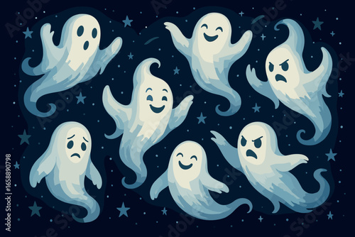 Illustrated collection of spooky ghosts in various poses, floating amidst a starry night backdrop. Each ghost has a unique expression and playful