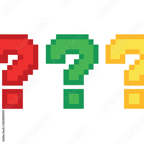 Pixelated question marks in red, green, and yellow, each with distinct jagged edges, hovering in sequence. The vibrant colors and pixelated design