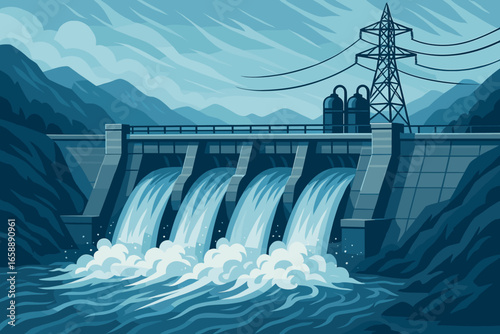 A hydroelectric dam with water flowing through turbines, generating electricity. The dam is set in a valley, with mountains in the background. The