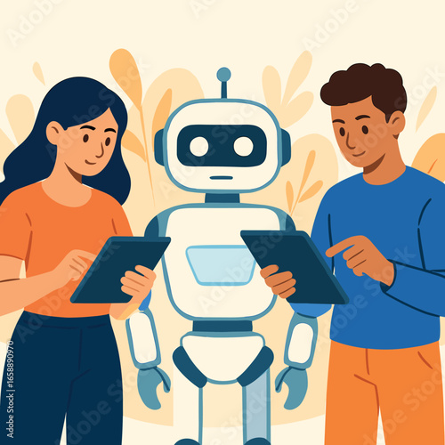Two young professionals engage with tablets, standing on either side of the robot. They are deeply focused on their devices, contributing ideas to the