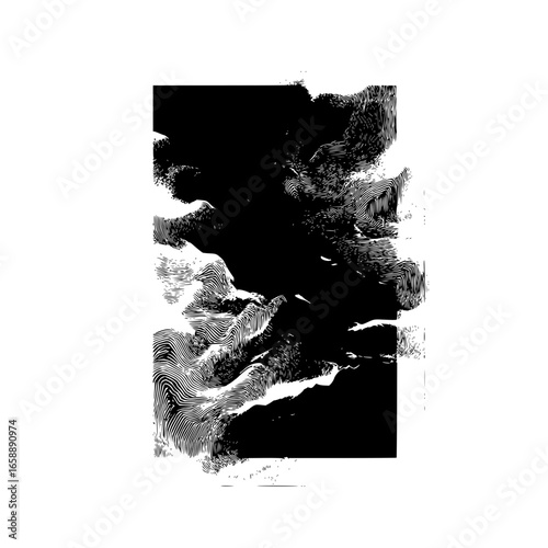Abstract monochrome landscape art print with dark clouds and textured surface for home decor and wall art design