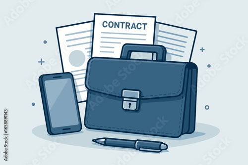 An animated briefcase filled with contracts and documents symbolizes readiness for business ventures. The composition includes a smartphone and pen,