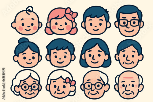 A collection of cartoon faces representing different ages, from babies to elderly individuals, arranged in a neat grid. Each face has distinct