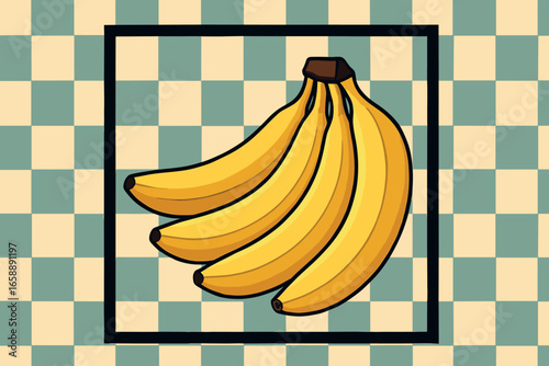 A bunch of bananas displayed on a checkered background, highlighted by a bold frame. The arrangement is symmetrical, with the bananas slightly curved