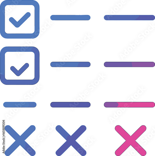 Icons illustrating different list and option states, including a checklist, a simple dash, and an 'X' mark. These are arranged in a grid, with