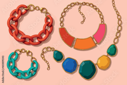 An array of trendy jewelry, including bold statement necklaces and chunky bracelets, displayed on a pastel pink background. Each piece is carefully