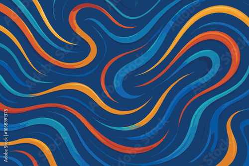 Dynamic swirls of color glide across a rich blue field, each line distinct yet part of a unified whole. The interplay of warm and cool tones adds
