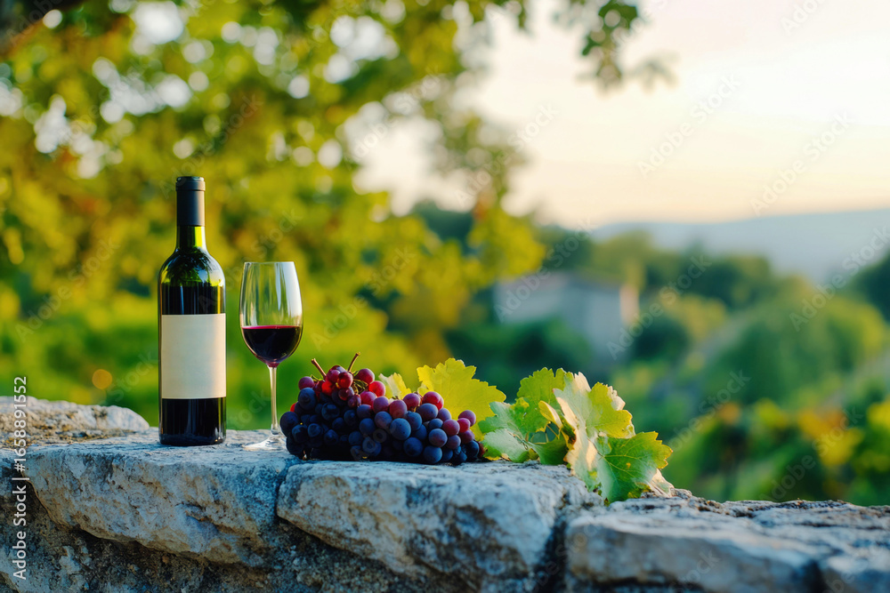 Fototapeta premium Wine glass and bottle with grapes in Valpolicella winery, Italy, scenic vineyard backdrop, sunset ambiance