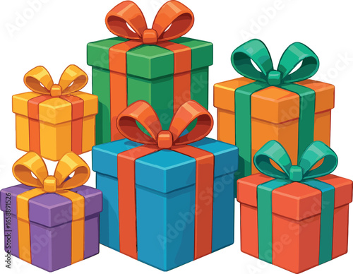 A set of gift boxes wrapped in vibrant paper, each topped with a shiny bow. The boxes vary in size and color, arranged in a playful stack, suggesting