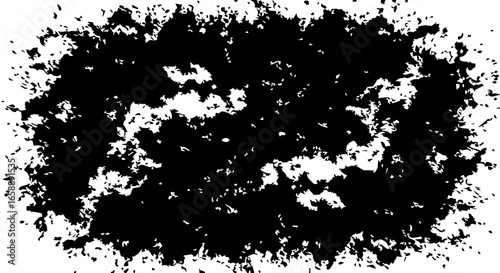Black abstract grunge texture with a rough splattered and fragmented oval shape.