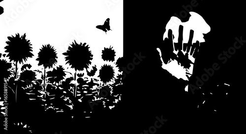 Black and white graphic art diptych with a sunflower field and a human silhouette covering its face.
