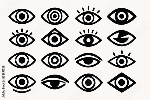 A collection of abstract eye icons, each with unique stylistic elements. The icons are arranged in a grid pattern, showcasing variety in design. Some