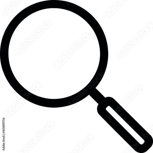 A magnifying glass icon with a thick black outline, featuring a circular lens and a straight handle. It symbolizes search and inquiry, with the clear