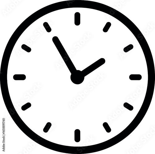 A clock icon shows a simple round face with clear black outlines and minimalistic hour and minute hands. The clock is set at ten o'clock, suggesting