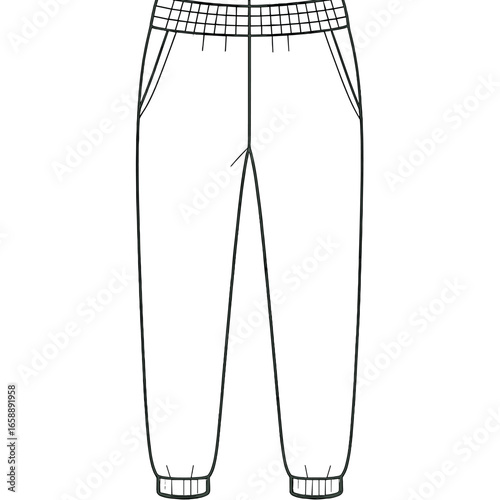 A pair of jogger pants in a minimalist line drawing, emphasizing the elastic waistband and ankle cuffs. The side pockets are subtly outlined, offering