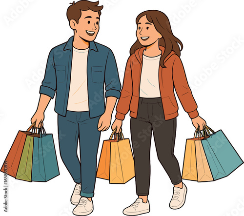 A young couple walks side by side, each holding several shopping bags. Their expressions are joyful, reflecting a shared experience. The bags' diverse