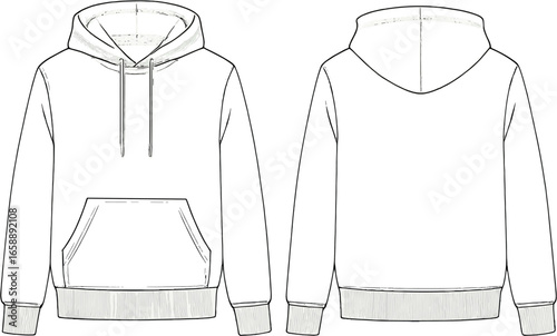 A technical sketch of a hoodie, illustrating both the front and back sides. It includes a hood with drawstrings, a front pocket, and ribbed cuffs and