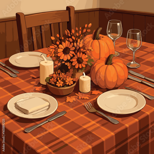 A plaid tablecloth spread across a farmhouse dining table, set for an autumn feast. The tablecloth's pattern of warm oranges and browns creates a