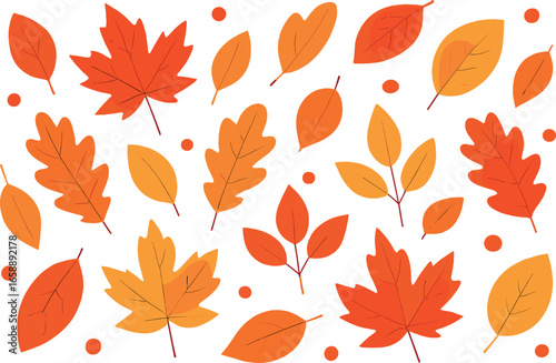 A collection of autumn leaves in various shapes and sizes, including maple and oak, spread across the canvas. The leaves are arranged in a scattered
