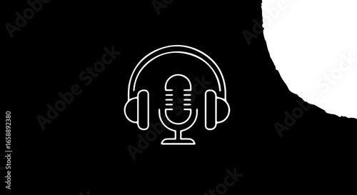 Minimalist white line art icon of a vintage microphone wearing headphones a symbol for podcasting and audio content.