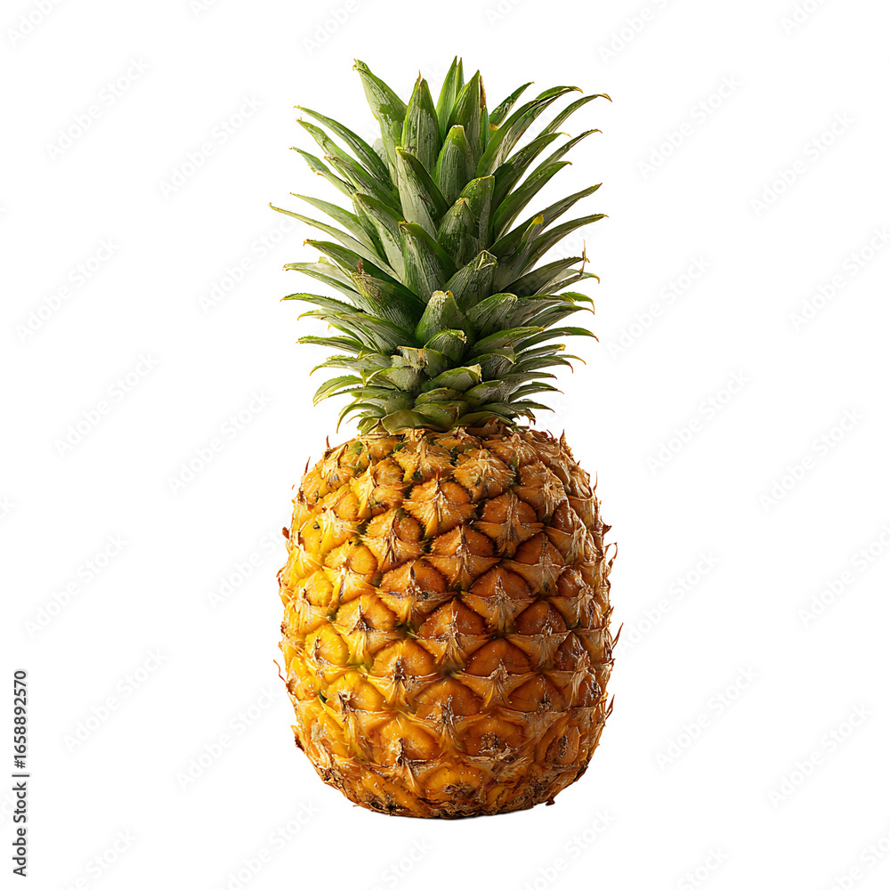 Fototapeta premium Isolated pineapple with a patterned yellow rind and spiky green leaves creates a striking contrast against a black backdrop