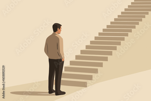 A person stands at the bottom of the stairs, contemplating the climb ahead. The setting is serene, with a textured backdrop that adds depth. The