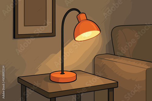 A sleek, modern desk lamp with an orange base and a curved neck sits on a side table, casting a soft glow. Its minimalist design adds a pop of color