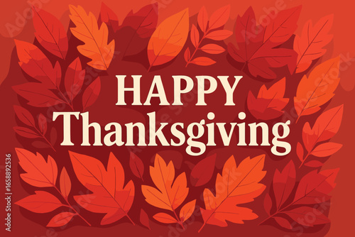 Elegant 'Happy Thanksgiving' text in bold white font, surrounded by autumn leaves in red, orange, and pink. The layout centers the text, creating a