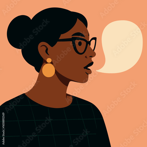 A woman with stylish glasses and earrings speaks, her profile turned slightly, emitting a textured speech bubble. She stands against a soft peach