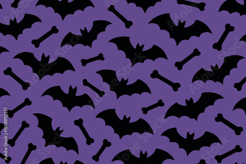Silhouettes of bats and bones create a lively pattern on a purple background, each element spaced to form a cohesive whole. The bats appear in