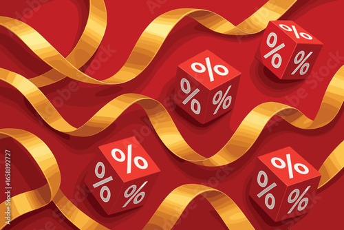 Golden ribbons flow smoothly across a red backdrop, intertwining with red cubes marked with white percentages. The ribbons add a sense of movement and