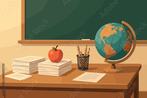 A teacher's desk positioned at the front of the classroom, cluttered with papers, a globe, and a classic apple. The desk is slightly to the side,