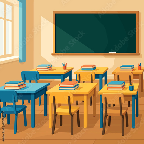 A row of colorful desks and chairs arranged neatly in the classroom, each with a set of books and stationery. The desks are aligned towards the