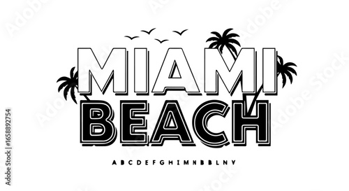 Retro Miami Beach typographic logo with bold doubleoutlined font palm trees and bird silhouettes.