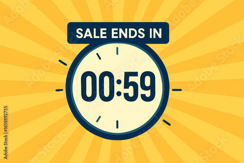 A countdown timer graphic is central in this dynamic composition, set against a backdrop of yellow rays. The timer's numbers are bold and navy,