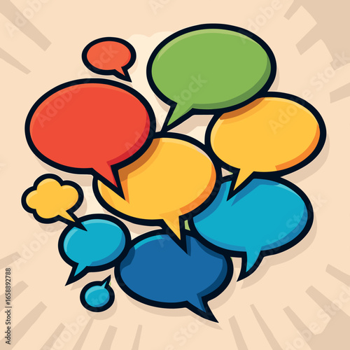 A dramatic illustration of comic-style speech bubbles arranged around a central point. The bubbles vary in size and shape, overlapping slightly for a