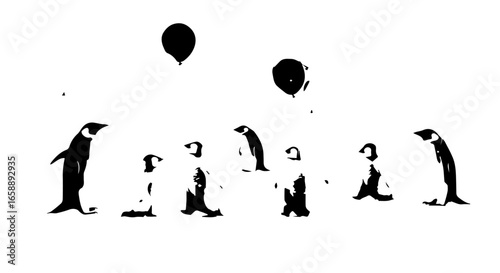Stylized black and white stencil illustration of a penguin family with two floating balloons.