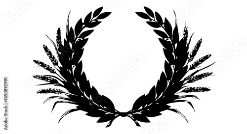 Stylized black silhouette of a laurel and wheat wreath a classic emblem of honor and abundance.