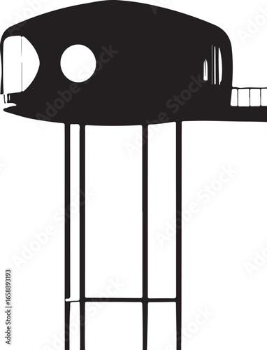 Black silhouette of a modern house on stilts with a circular window and balcony architecture