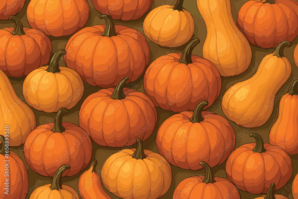 A collection of pumpkins and gourds in various shapes and sizes, artfully positioned to form a continuous design. The pumpkins are depicted in shades